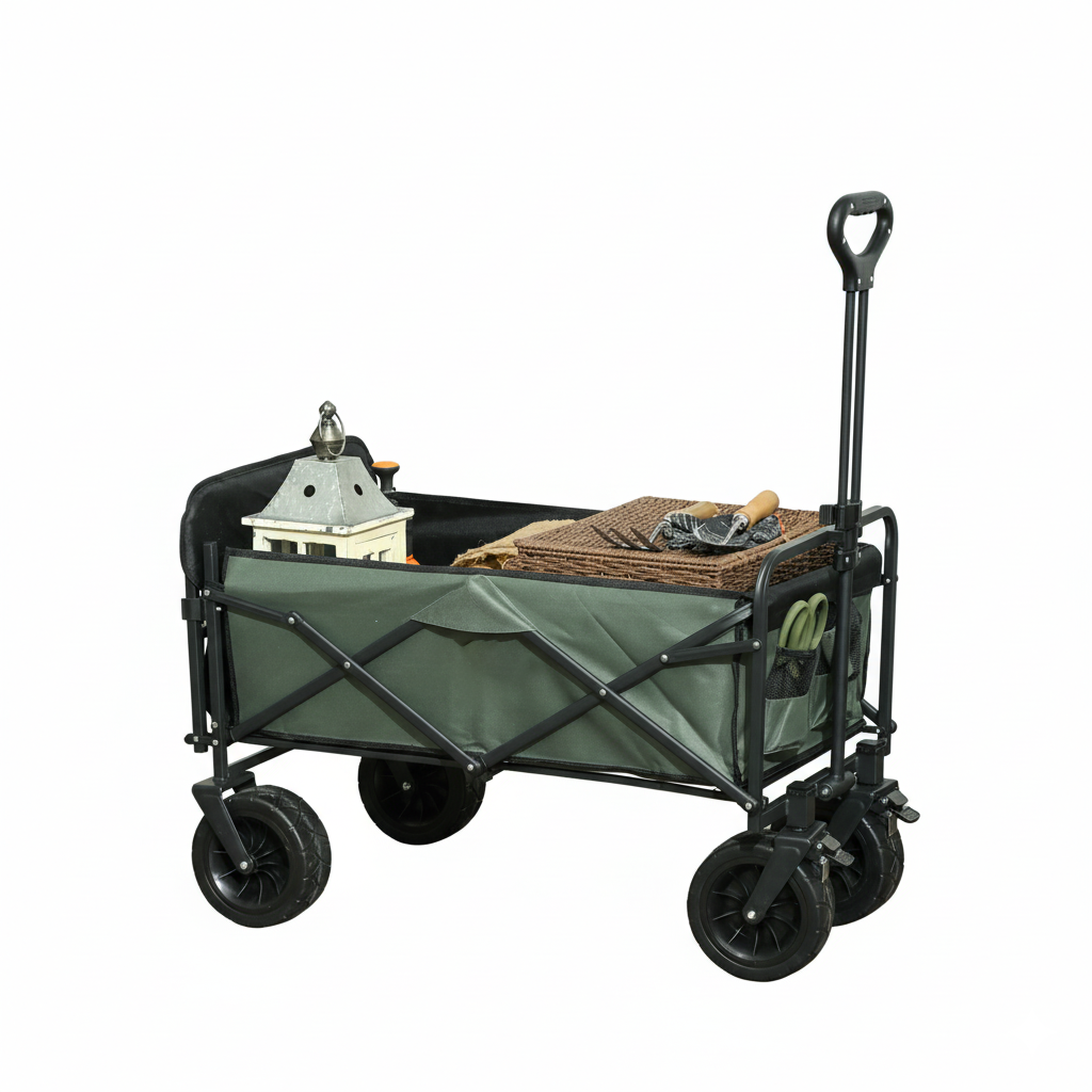 Carucior pliabil de gradina cu deschidere posterioara, roti mari si buzunare de depozitare, 125x48x78-102 cm, verde