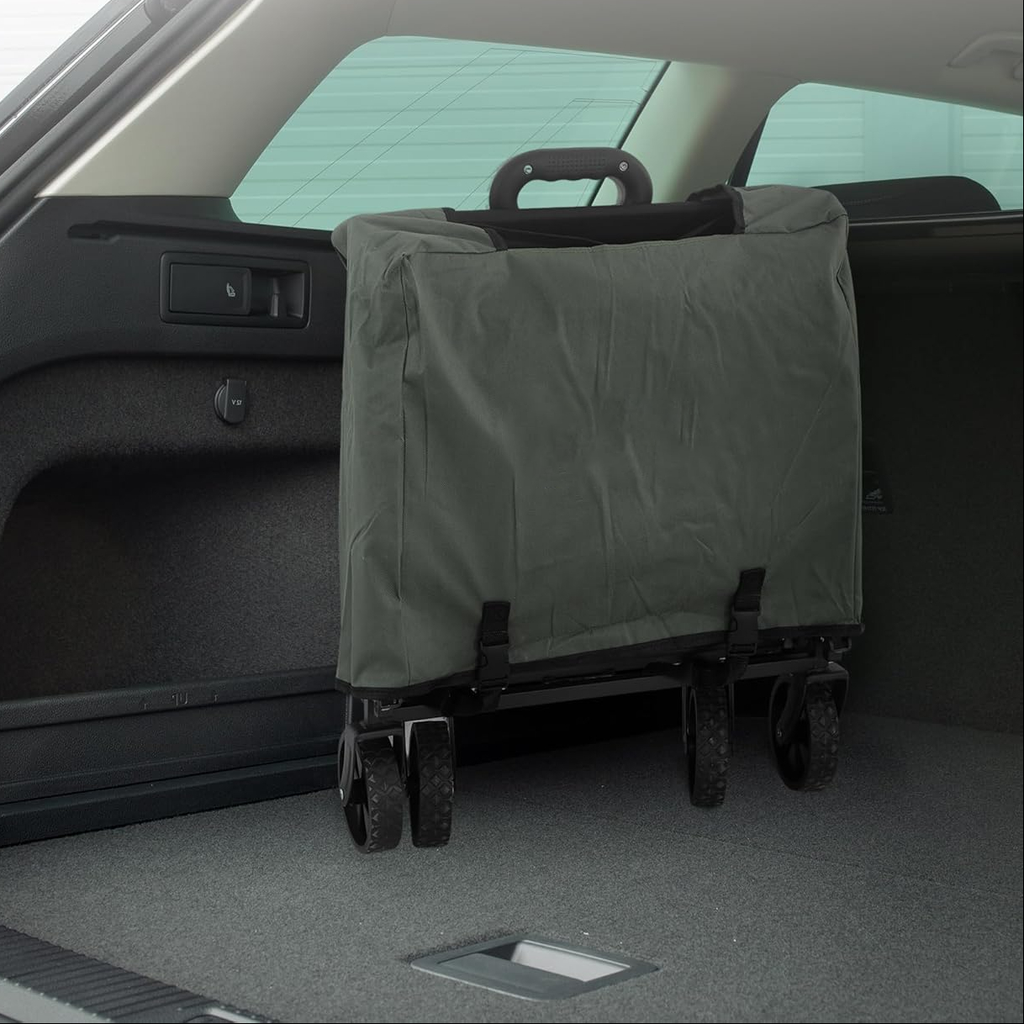 Carucior pliabil de gradina cu deschidere posterioara, roti mari si buzunare de depozitare, 125x48x78-102 cm, verde