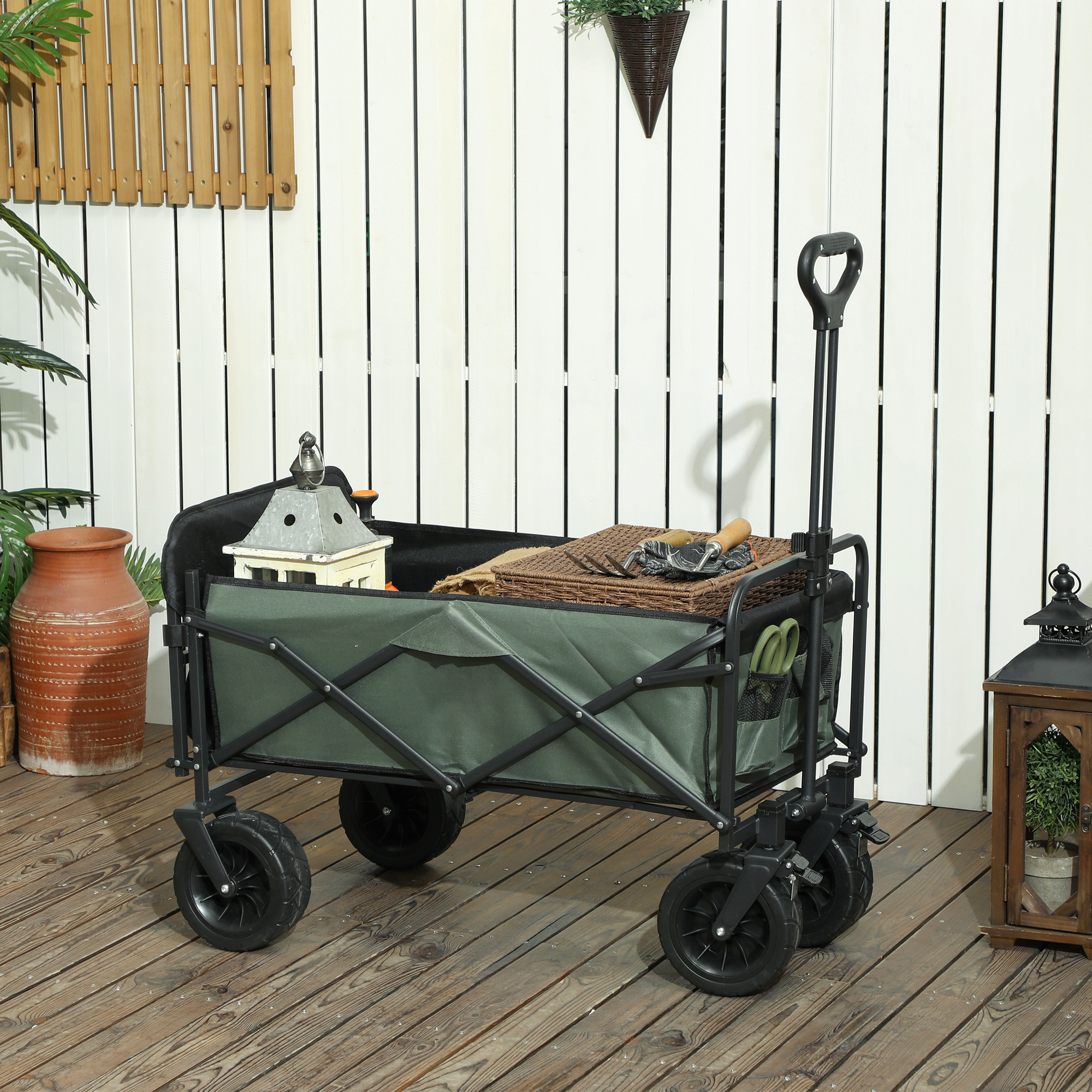 Carucior pliabil de gradina cu deschidere posterioara, roti mari si buzunare de depozitare, 125x48x78-102 cm, verde