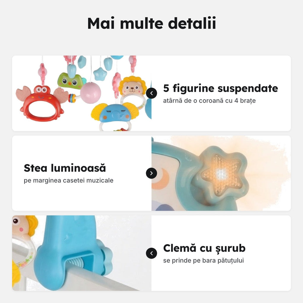 Carusel muzical pentru pătuț, 5 figurine – Mai multe detalii