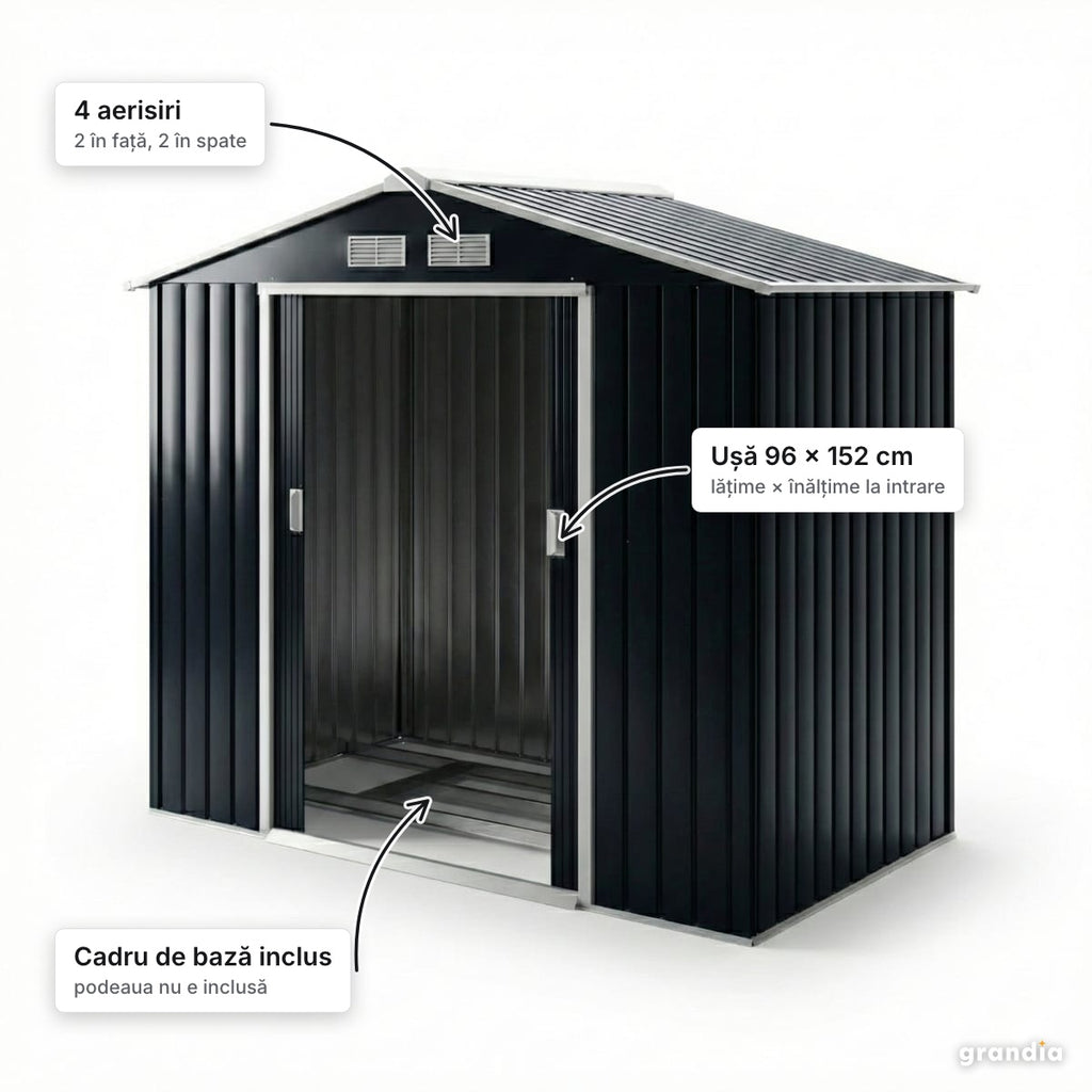 Magazie de grădină din oțel 213 × 130 cm, uși glisante – elemente principale