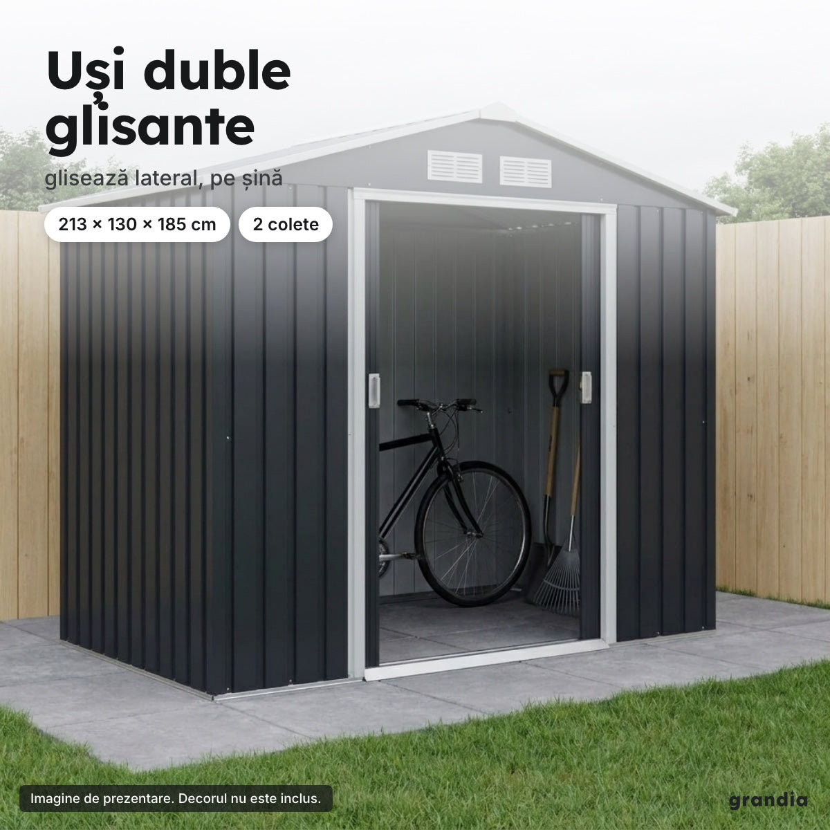 Magazie de grădină din oțel 213 × 130 cm, uși glisante – Uși duble glisante