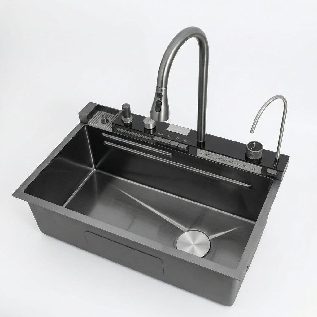 Chiuveta Bucatarie Multifunctionala Negru Grafit, cu 2 Cascade, Robinet Tip Cascada, Afisaj Digital Temperatura, Accesorii Incluse 1