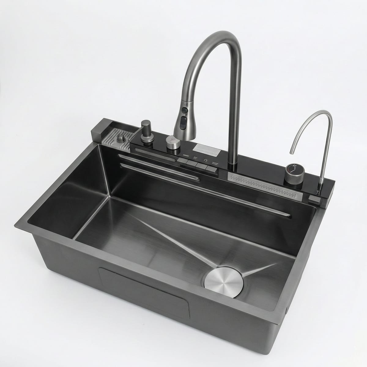 Chiuveta Bucatarie Multifunctionala Negru Grafit, cu 2 Cascade, Robinet Tip Cascada, Afisaj Digital Temperatura, Accesorii Incluse