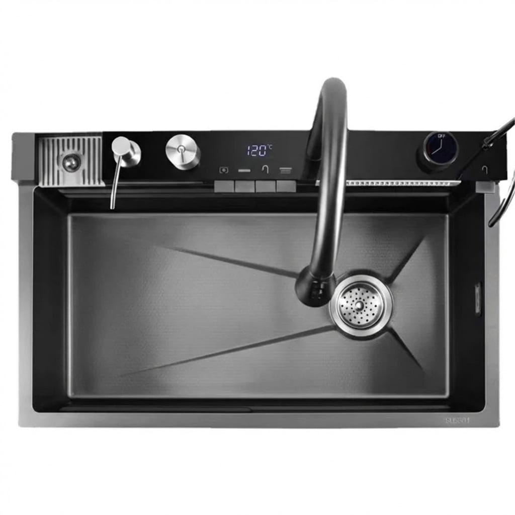 Chiuveta Bucatarie Multifunctionala Negru Grafit, cu 2 Cascade, Robinet Tip Cascada, Afisaj Digital Temperatura, Accesorii Incluse 2