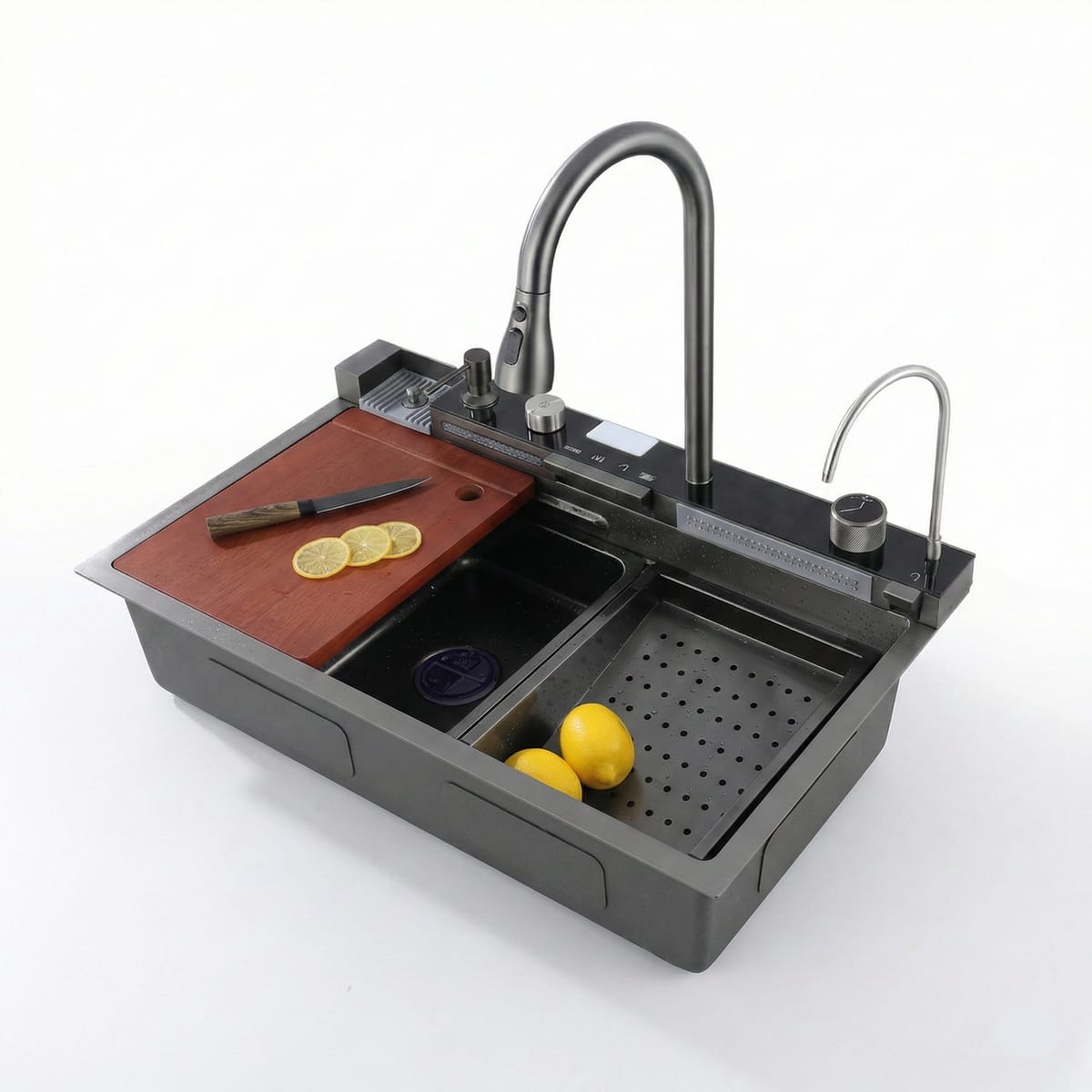 Chiuveta Bucatarie Multifunctionala Negru Grafit, cu 2 Cascade, Robinet Tip Cascada, Afisaj Digital Temperatura, Accesorii Incluse 3