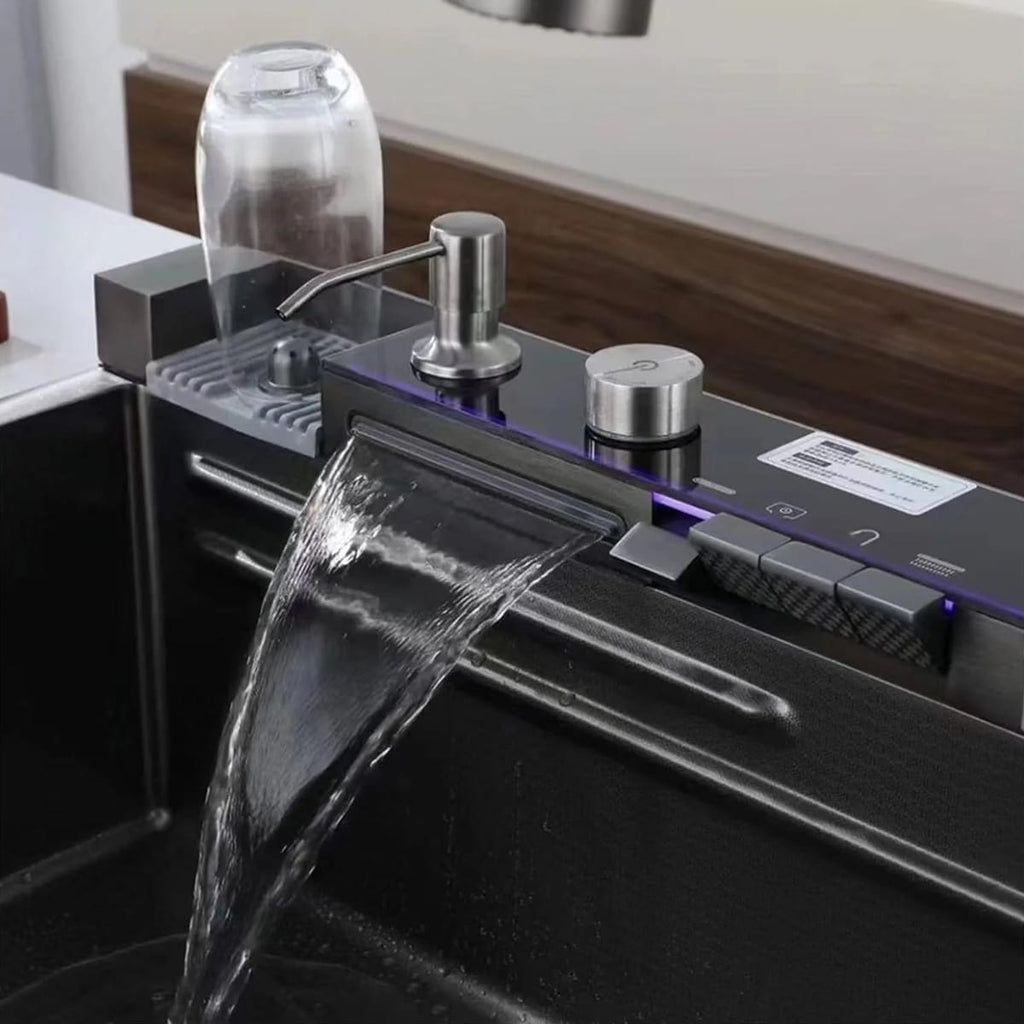 Chiuveta Bucatarie Multifunctionala Negru Grafit, cu 2 Cascade, Robinet Tip Cascada, Afisaj Digital Temperatura, Accesorii Incluse 5