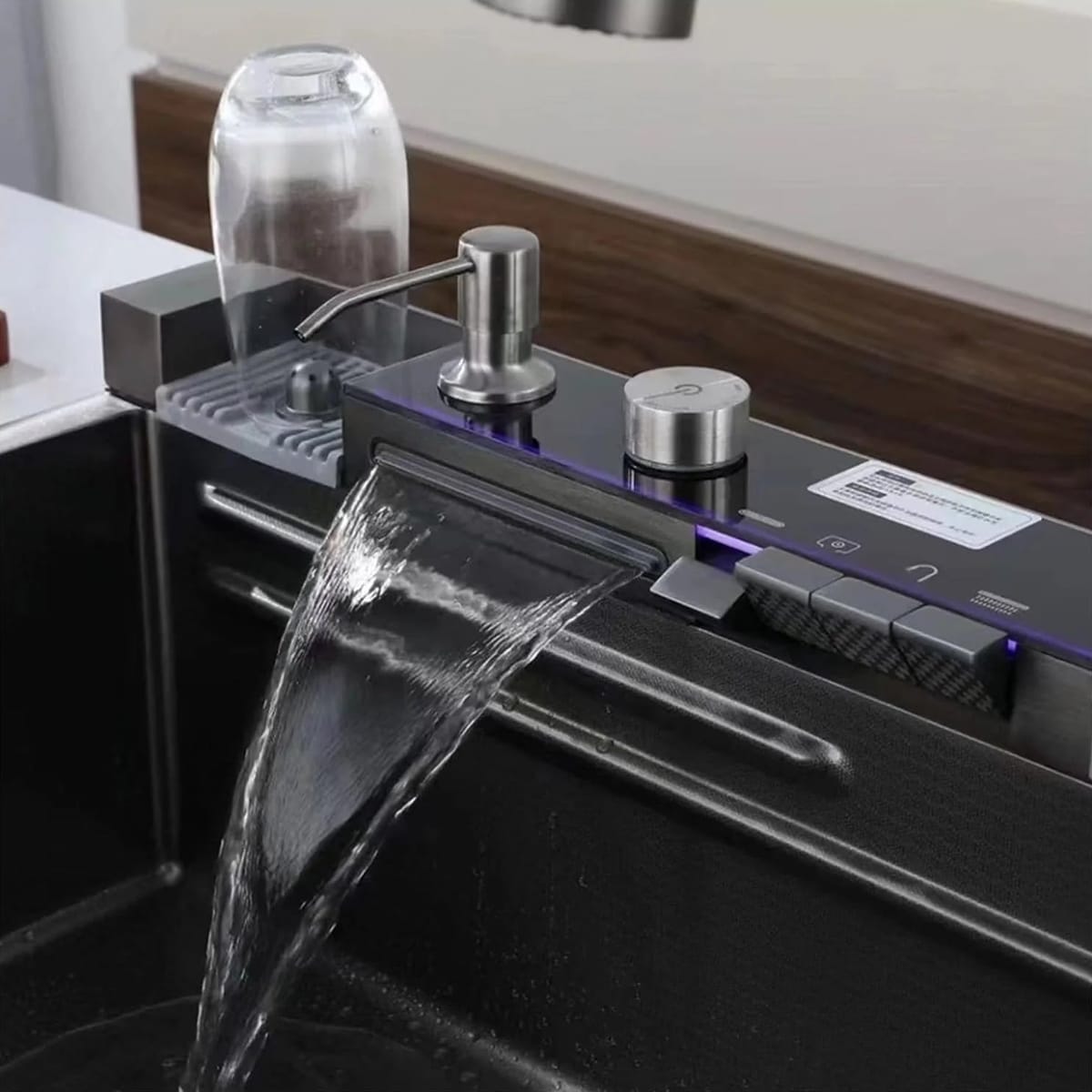 Chiuveta Bucatarie Multifunctionala Negru Grafit, cu 2 Cascade, Robinet Tip Cascada, Afisaj Digital Temperatura, Accesorii Incluse 5