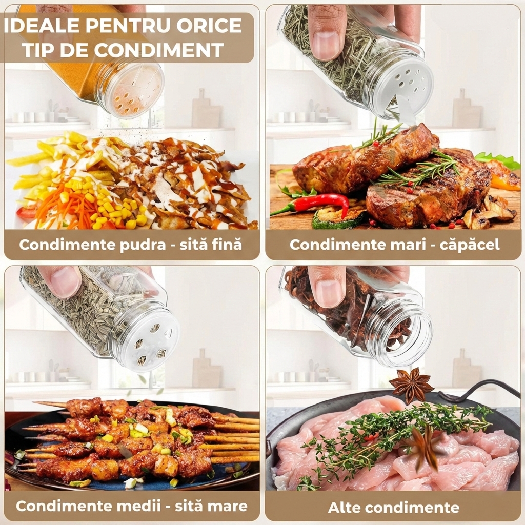 Set 12 recipiente condimente, borcane sticla cu capac bambus, palnie, perie, site, etichete si marker