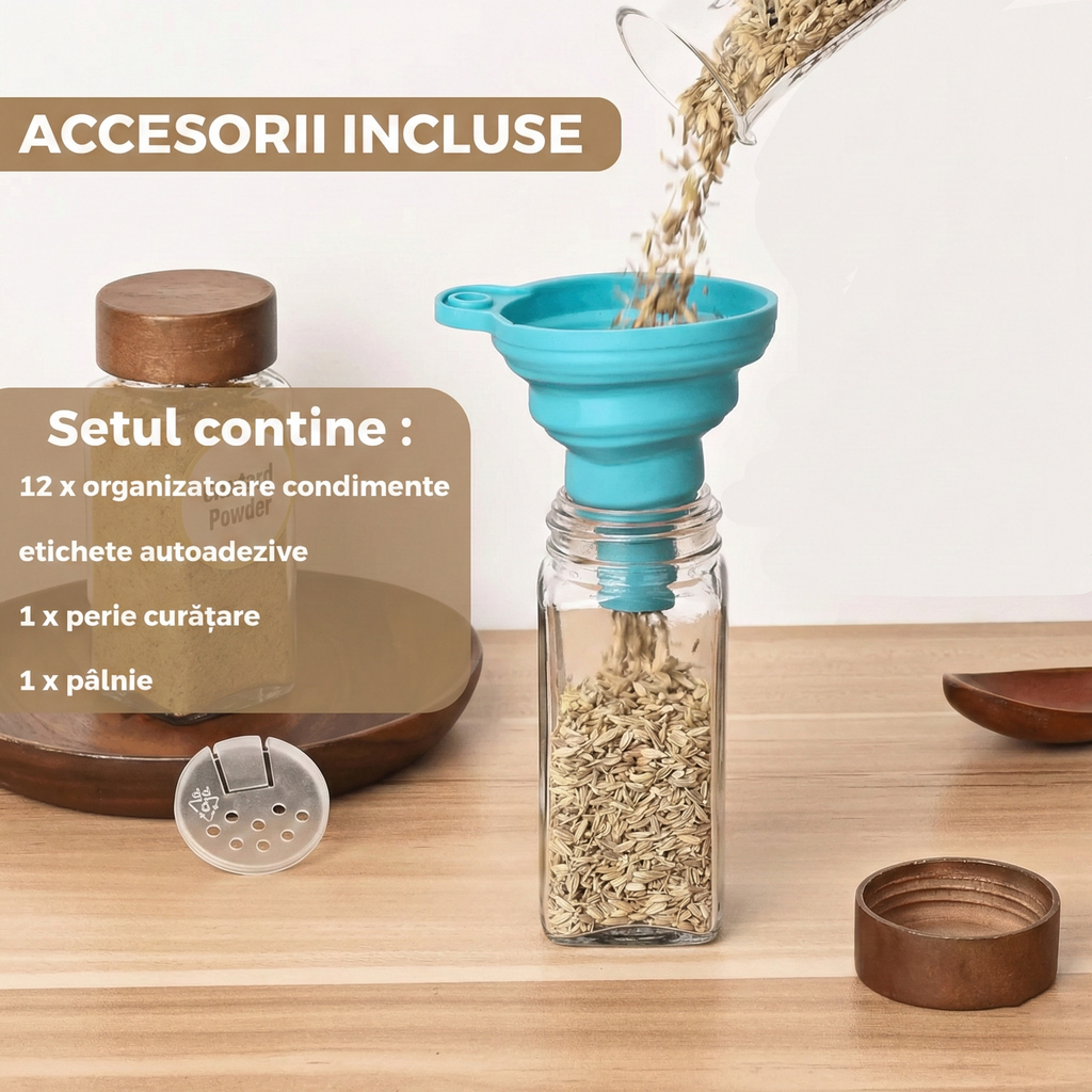 Set 12 recipiente condimente, borcane sticla cu capac bambus, palnie, perie, site, etichete si marker