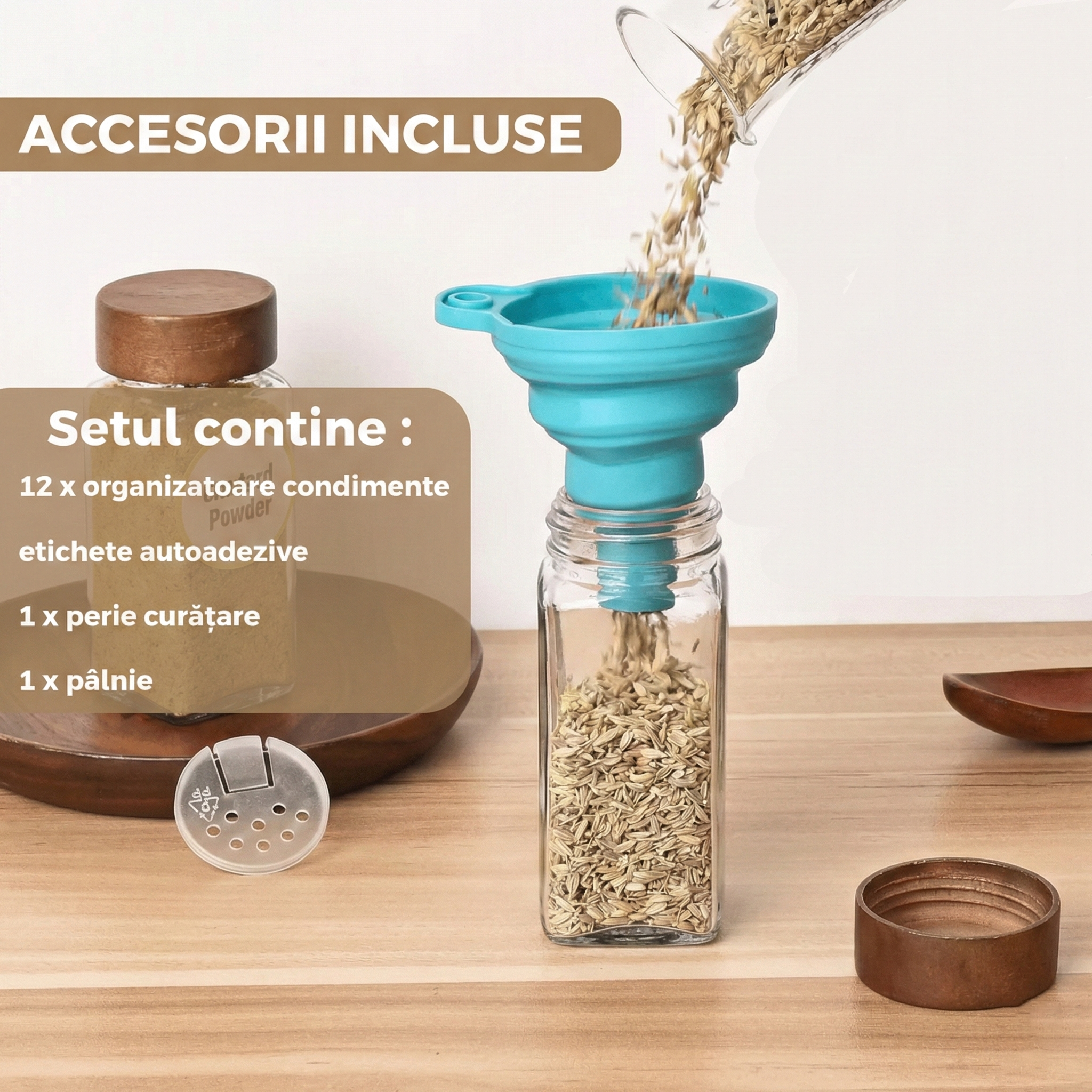 Set 12 recipiente condimente, borcane sticla cu capac bambus, palnie, perie, site, etichete si marker