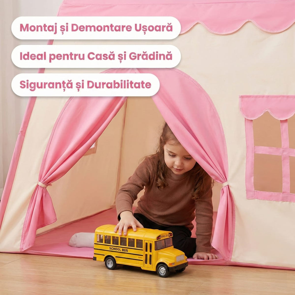Cort de Joacă pentru Copii Tip Căsuță, Roz, Rezistent la Vreme, Geamuri Plasă 3