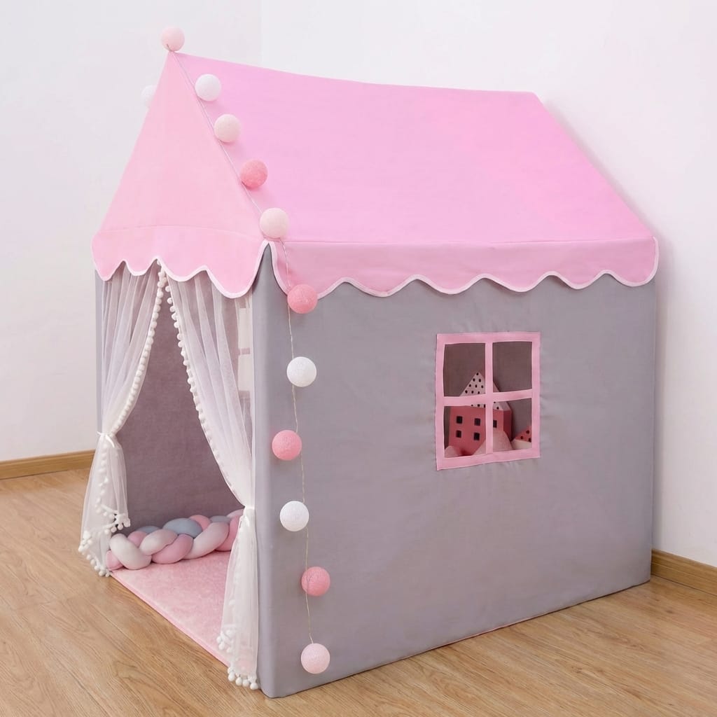 Cort de joaca tip Casuta, 130 x 100 x 115 cm, Gri/Roz, cu Ghirlanda Luminoasă si Ferestre 3