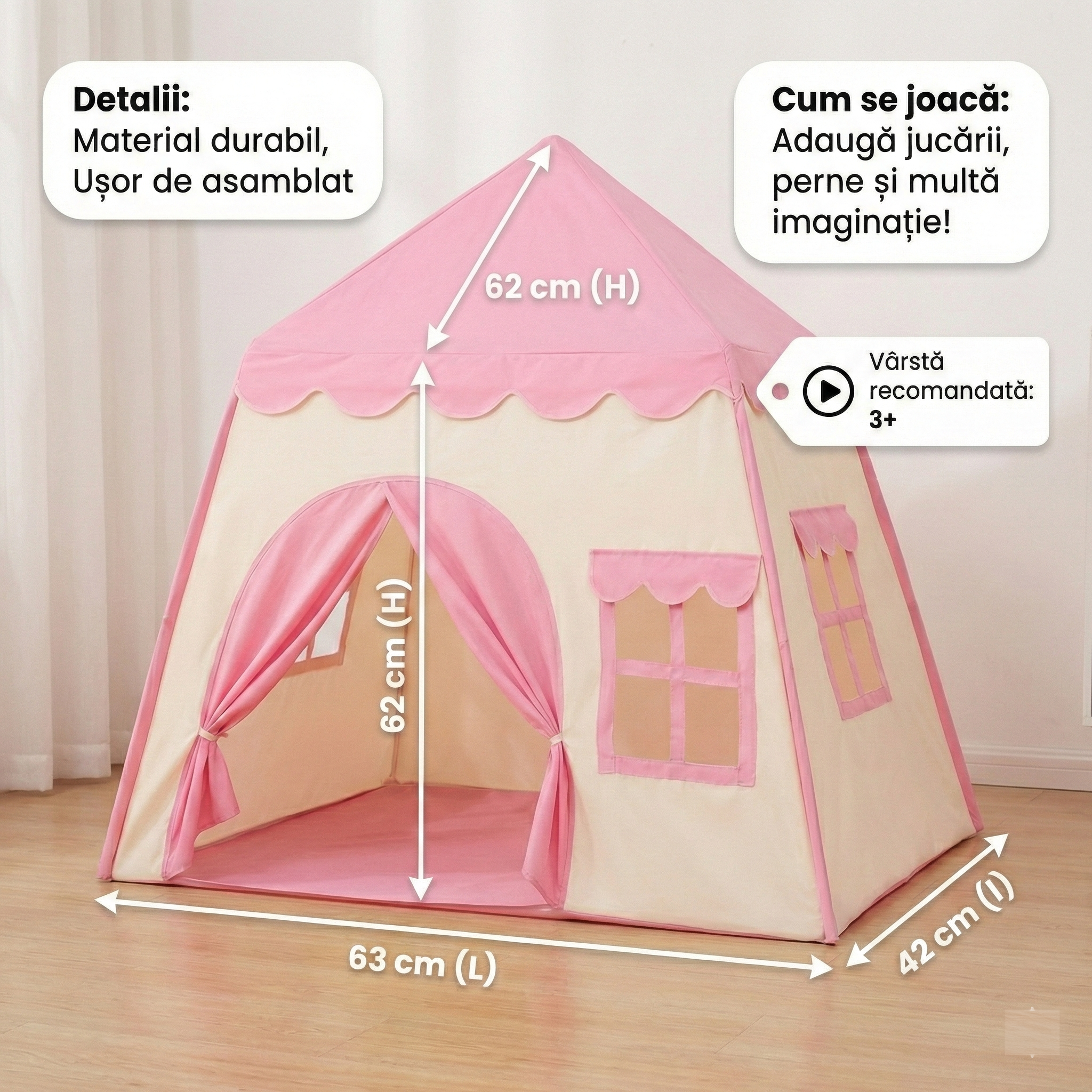 Cort de joaca pentru copii tip casuta, usa perdea si geamuri cu plasa, roz