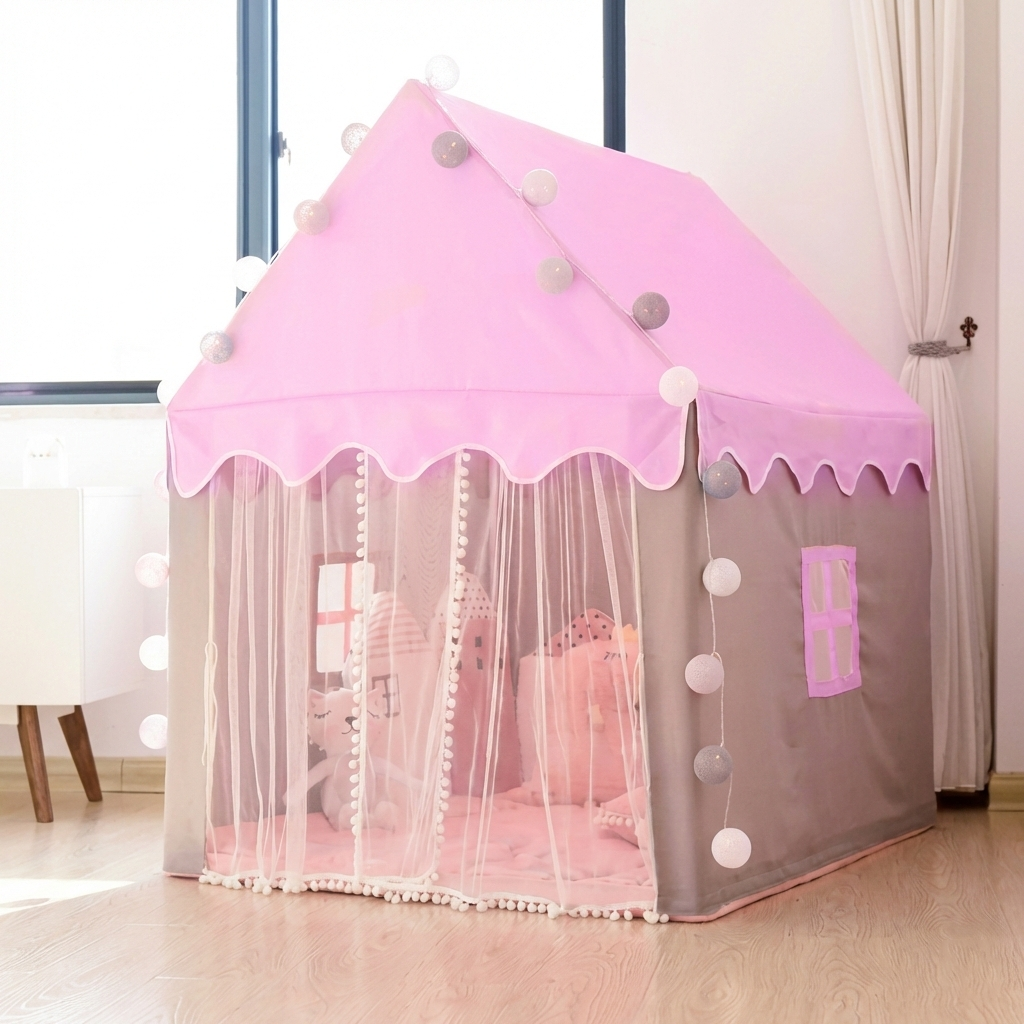 Cort de joacă tip Casuta, 130 x 100 x 115 cm, Gri/Roz, cu Ghirlanda Luminoasă si Ferestre