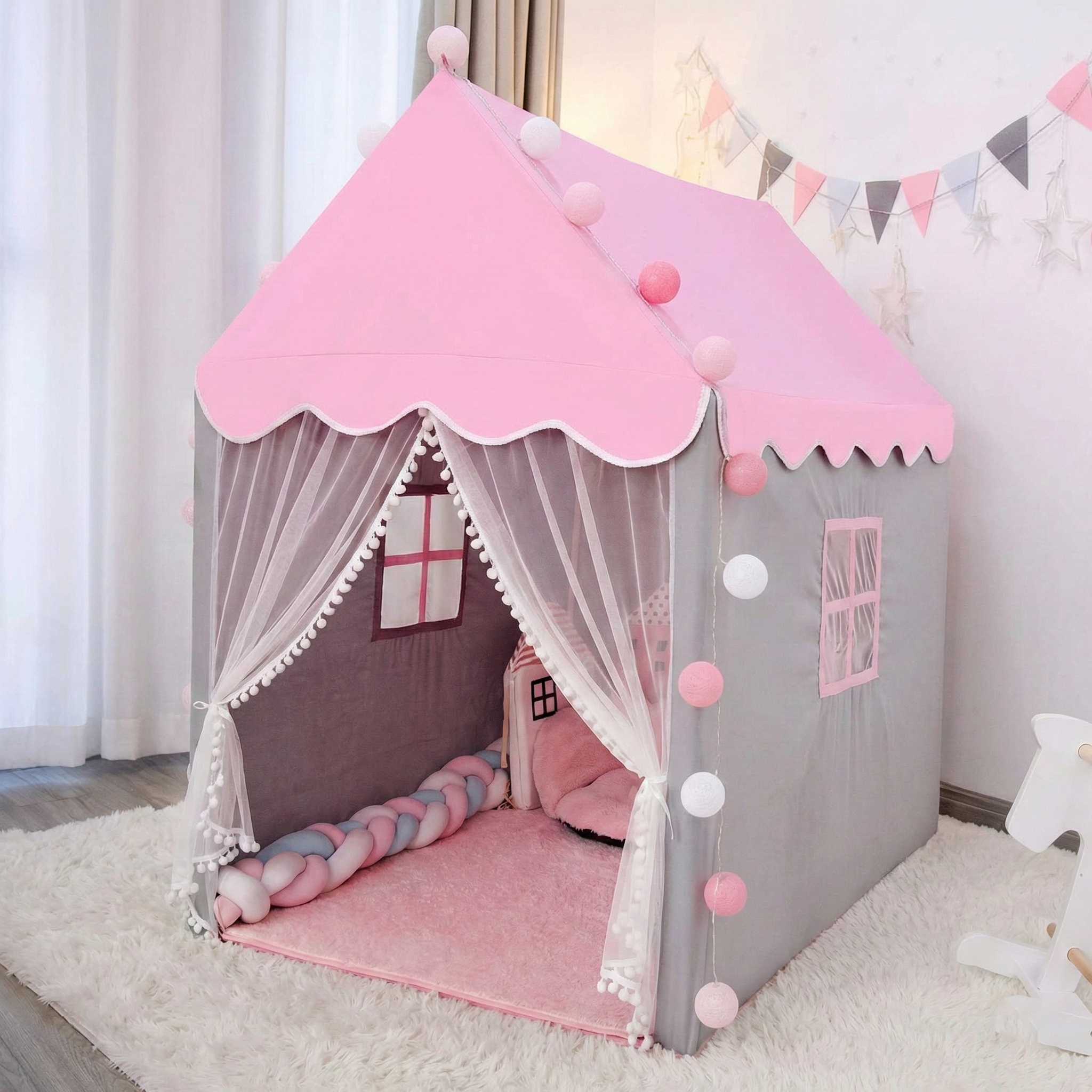 Cort de joacă tip Casuta, 130 x 100 x 115 cm, Gri/Roz, cu Ghirlanda Luminoasă si Ferestre