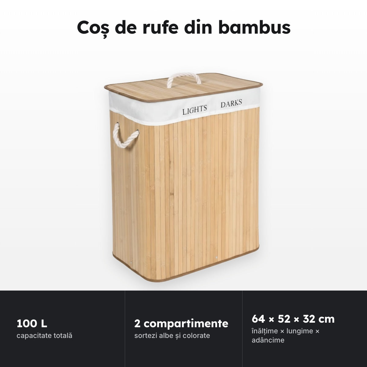Coș de rufe bambus 100 L – Coș de rufe din bambus