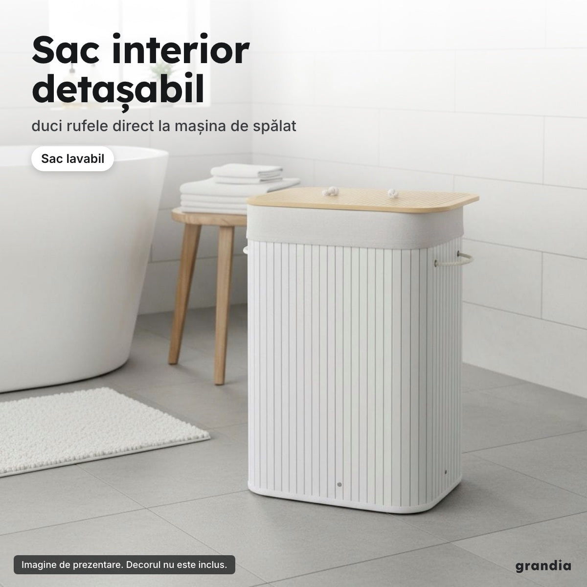 Coș de rufe din bambus 72 L – Sac interior detașabil