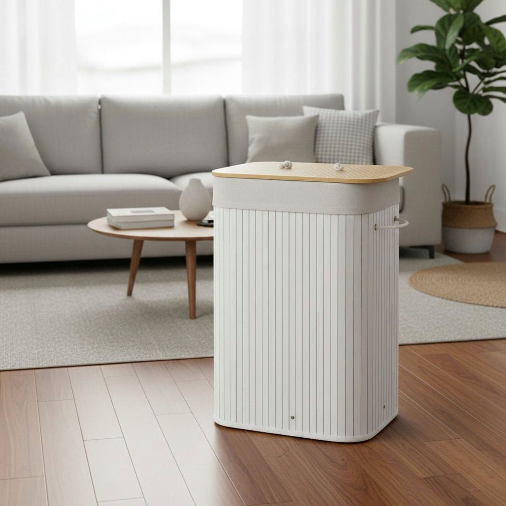 Cos de rufe din bambus, pliabil, cu captuseala detasabila, 72L, 40x30x60cm, alb 2