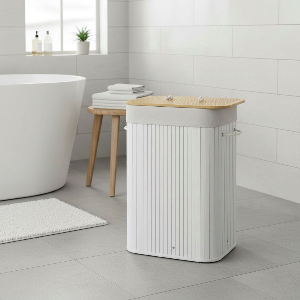 Cos de rufe din bambus, pliabil, cu captuseala detasabila, 72L, 40x30x60cm, alb 3