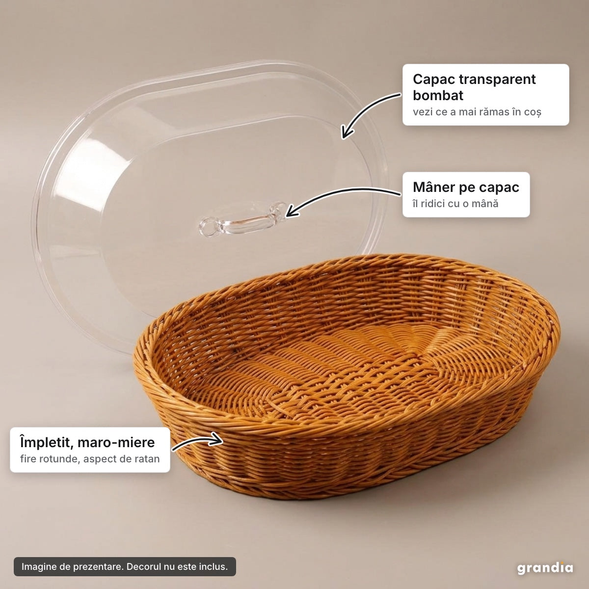 Coș de servire împletit, maro-miere, cu capac transparent bombat și mâner – elemente principale