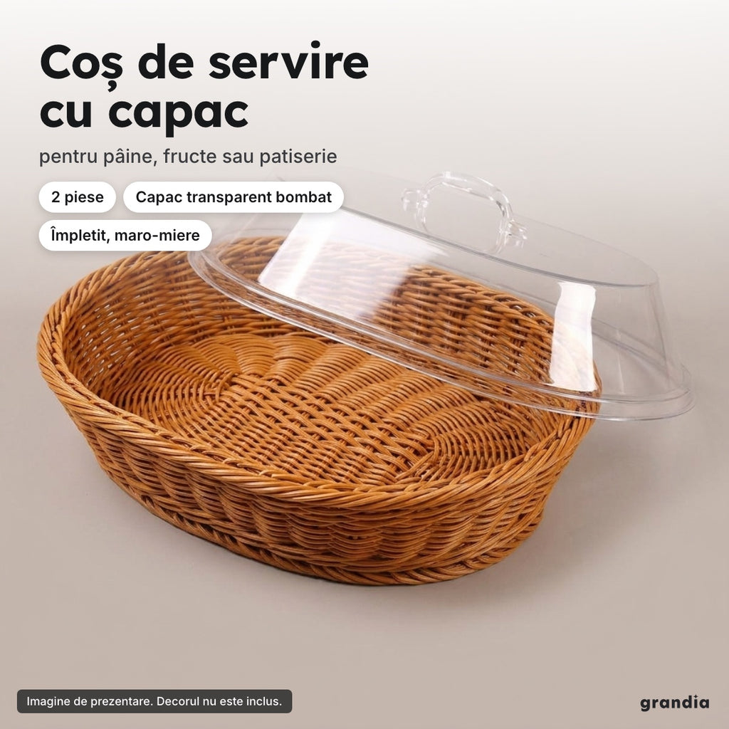 Coș de servire împletit, maro-miere, cu capac transparent bombat și mâner – Coș de servire cu capac