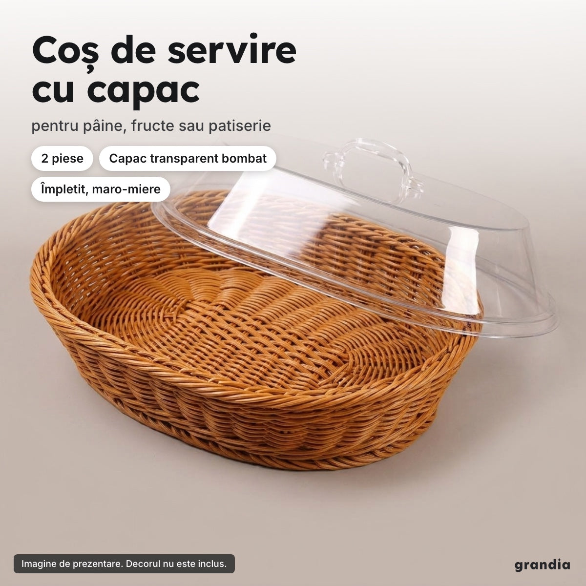 Coș de servire împletit, maro-miere, cu capac transparent bombat și mâner – Coș de servire cu capac