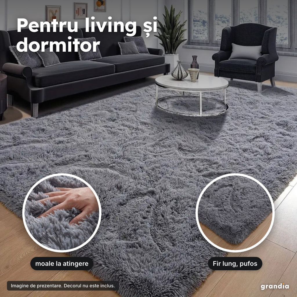 Covor pufos gri închis, 200 × 280 cm – Pentru living și dormitor