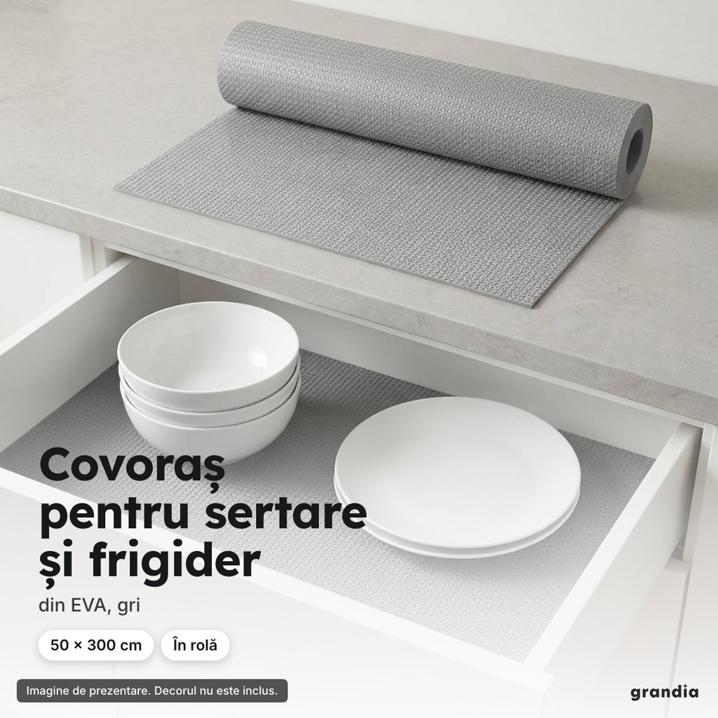 Covoraș EVA gri în rolă, 50 × 300 cm – Covoraș pentru sertare și frigider
