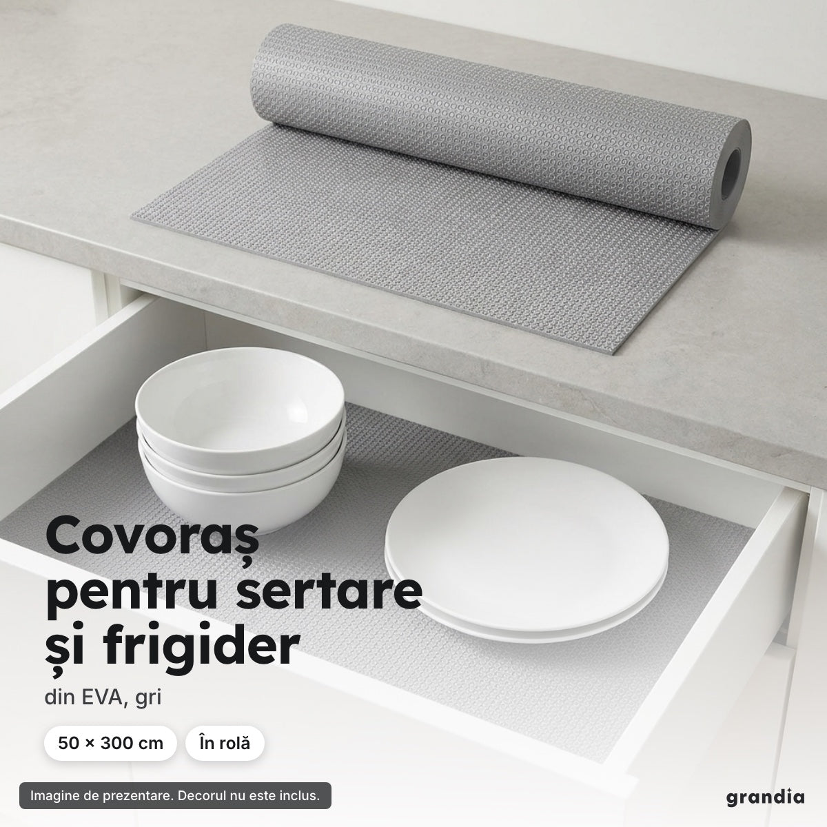 Covoraș EVA gri în rolă, 50 × 300 cm – Covoraș pentru sertare și frigider