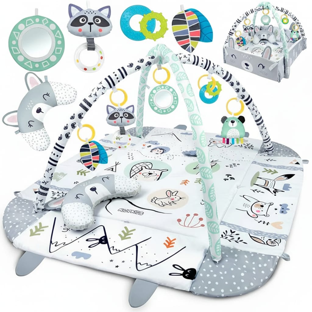 Covoras de joaca 3 in 1 cu pod si perna, model animale din padure, alb-gri - Imagine 2