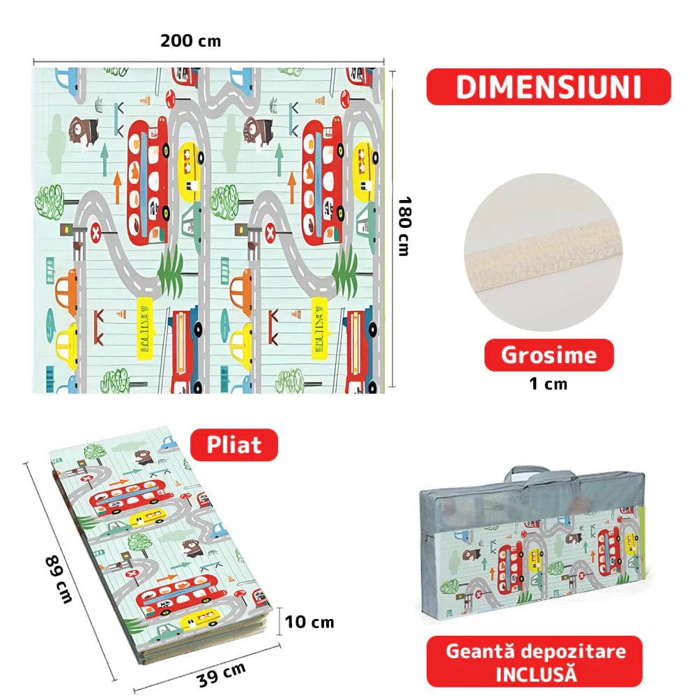 Covoras de Joacă pentru Copii – Termic, Antiderapant, Pliabil, Protectie Împotriva Loviturilor, Model Sosea & Padure, 200x180 cm, Grosime 1 cm, Multicolor - Imagine 3