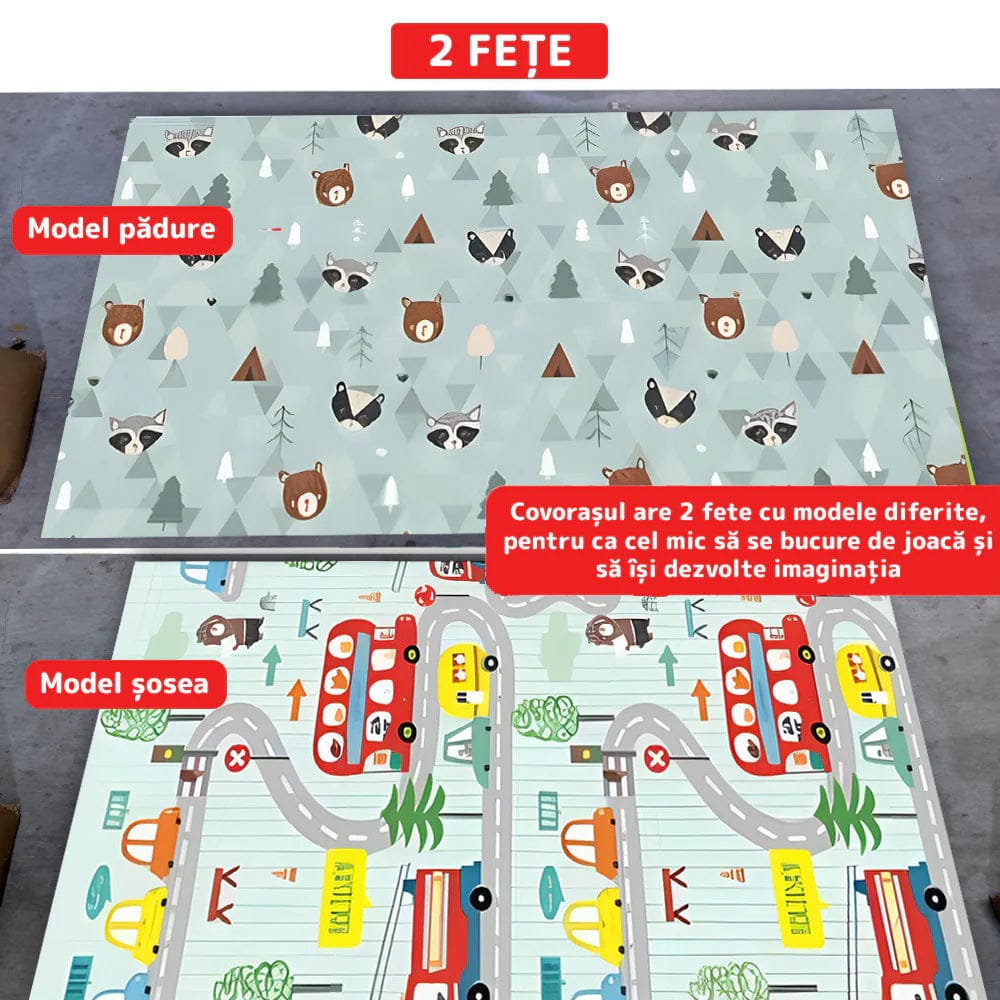 Covoras de Joacă pentru Copii – Termic, Antiderapant, Pliabil, Protectie Împotriva Loviturilor, Model Sosea & Padure, 200x180 cm, Grosime 1 cm, Multicolor - Imagine 5