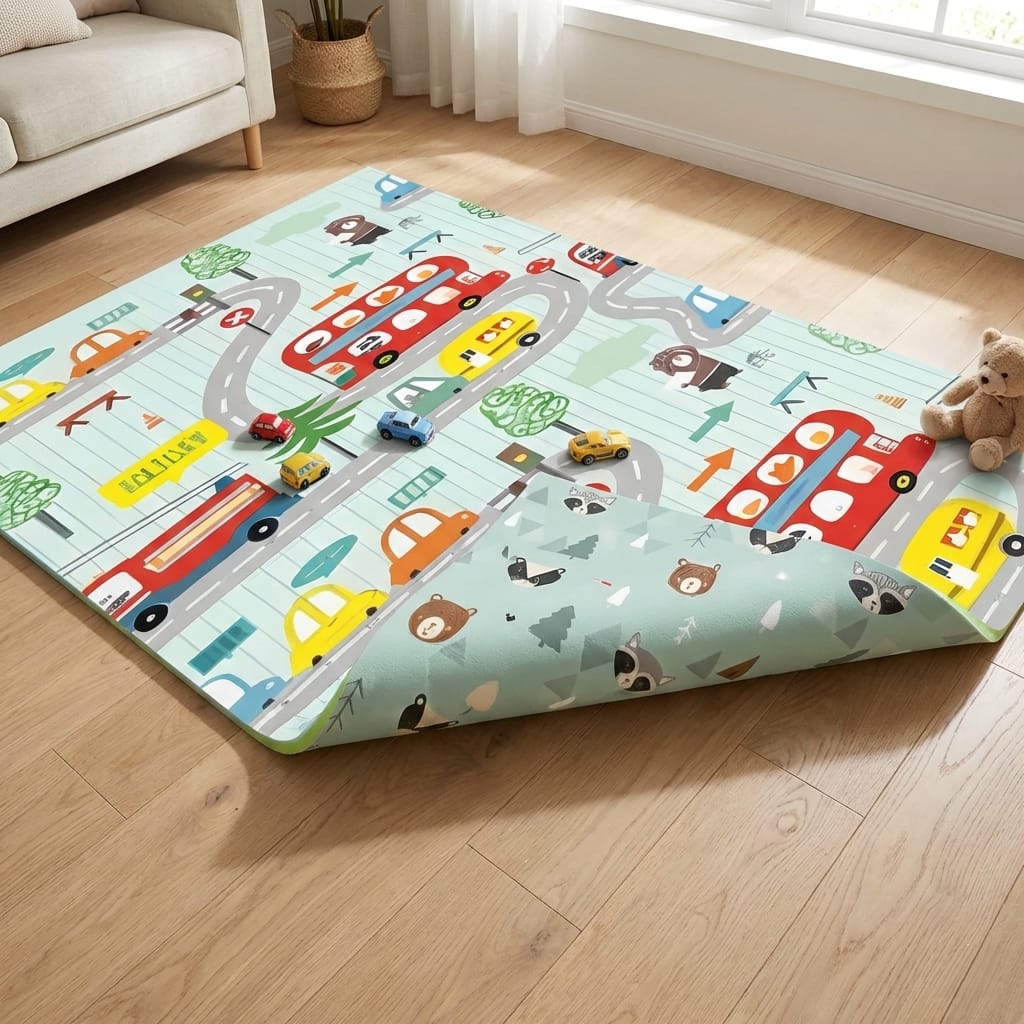 Covoras de Joacă pentru Copii – Termic, Antiderapant, Pliabil, Protectie Împotriva Loviturilor, Model Sosea & Padure, 200x180 cm, Grosime 1 cm, Multicolor 1