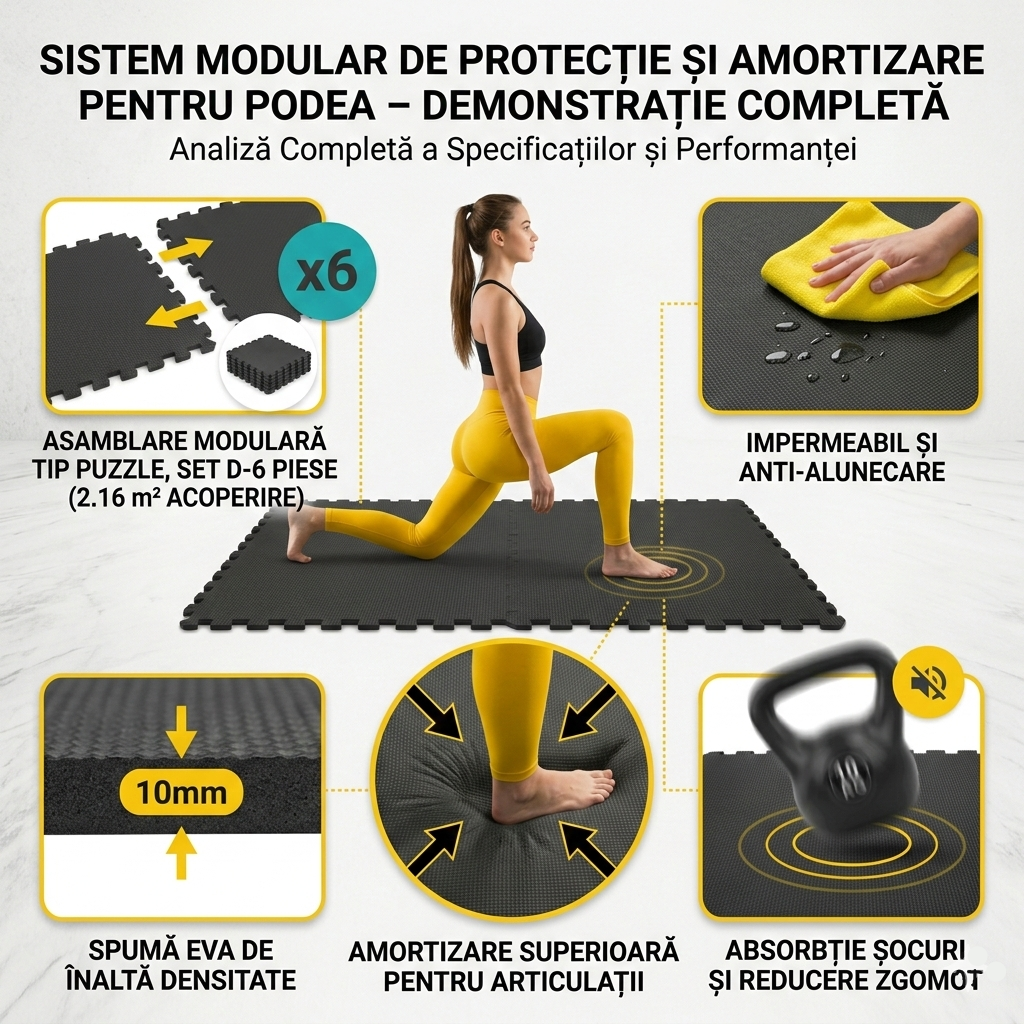 Covoras tip Puzzle pentru Sport si Fitness, Spuma EVA, Set 6 bucati, Protectie Podea Antiderapanta, 180 x 120 x 1 cm, Negru 1