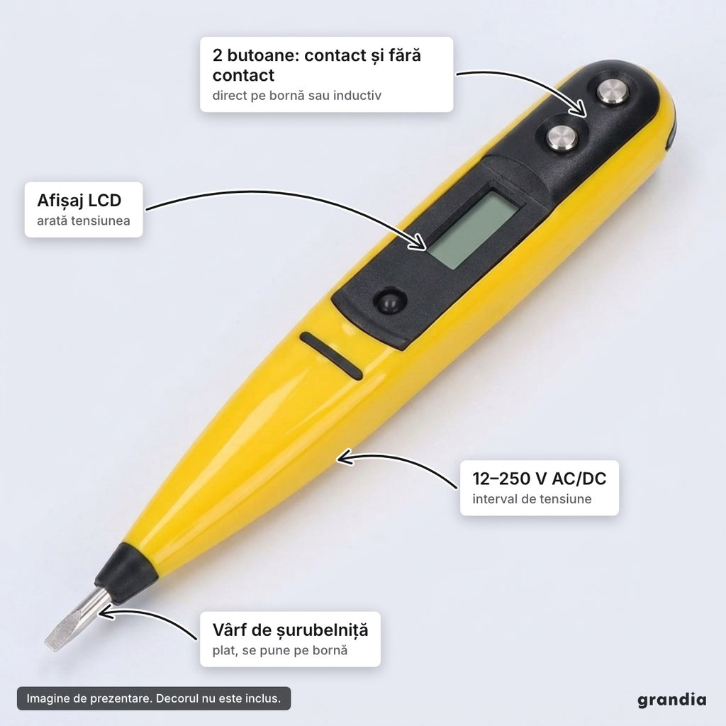 Tester de tensiune tip creion, LCD, 12–250 V AC/DC, contact / fără contact – elemente principale