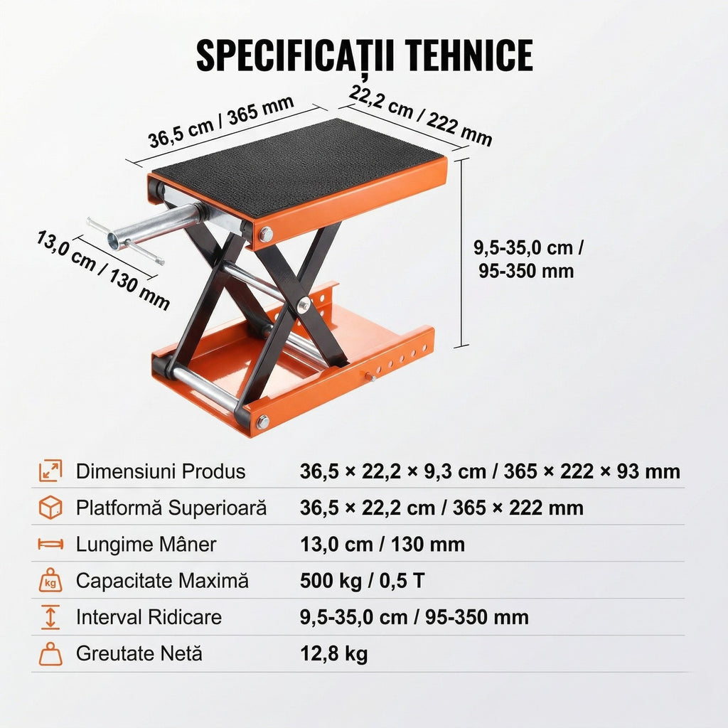 Cric Tip Foarfeca pentru Motociclete Si ATV-uri – Capacitate 500 kg, Platforma Lata 4