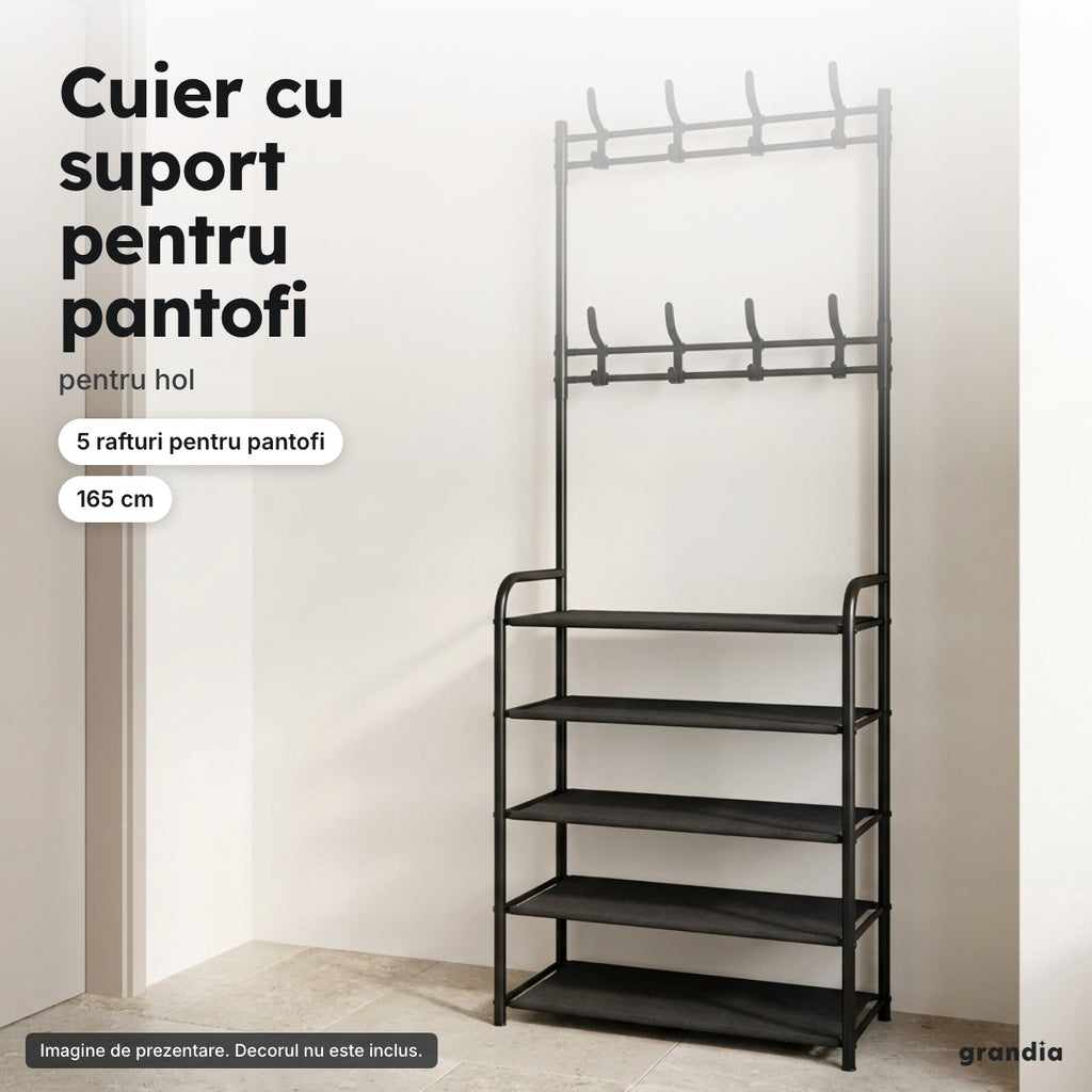 Cuier negru cu suport pentru pantofi – Cuier cu suport pentru pantofi