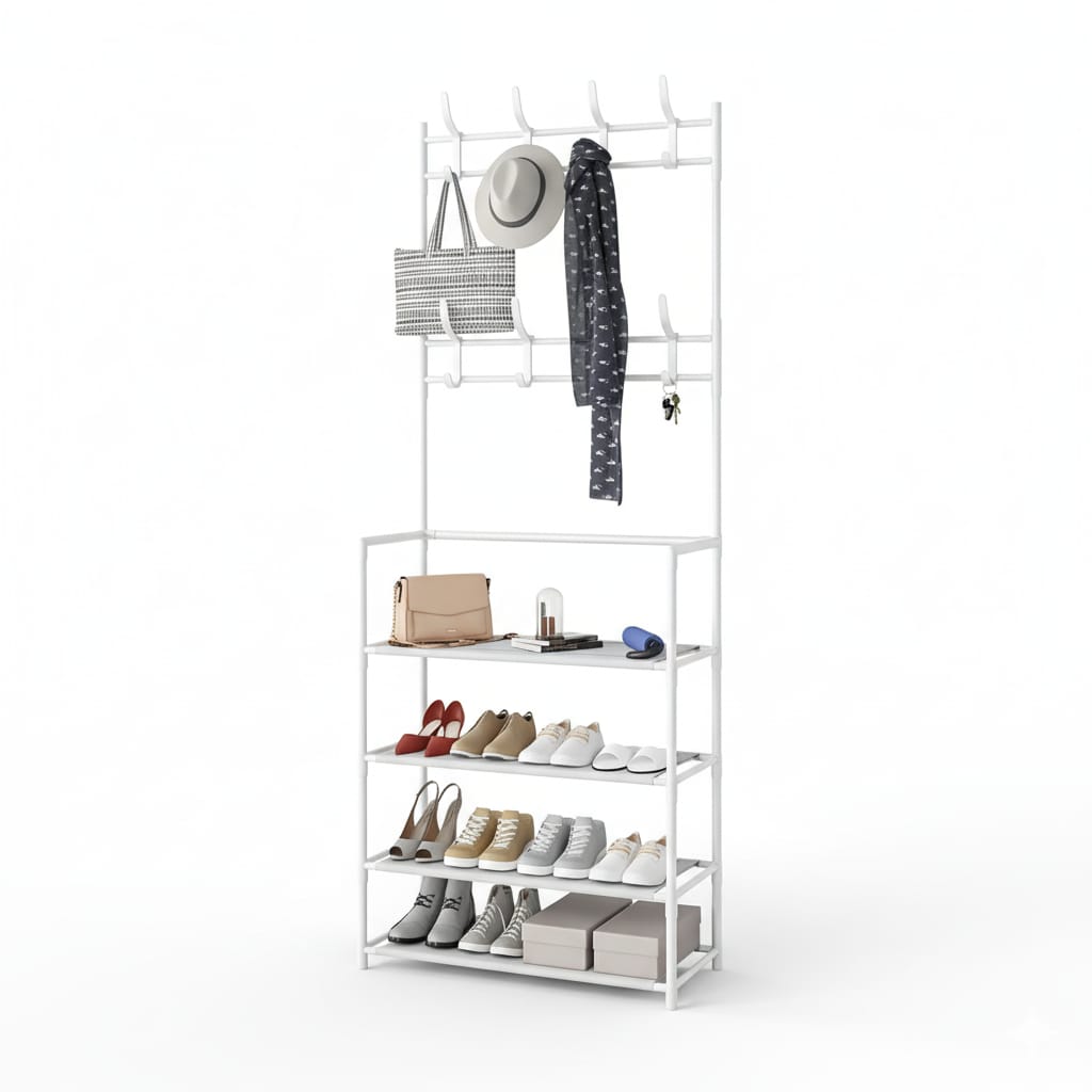 Cuier haine cu suport pantofi 3 in 1, 5 rafturi, alb 80 cm 1