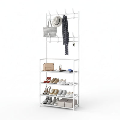 Cuier haine cu suport pantofi 3 in 1, 5 rafturi, alb 80 cm 1