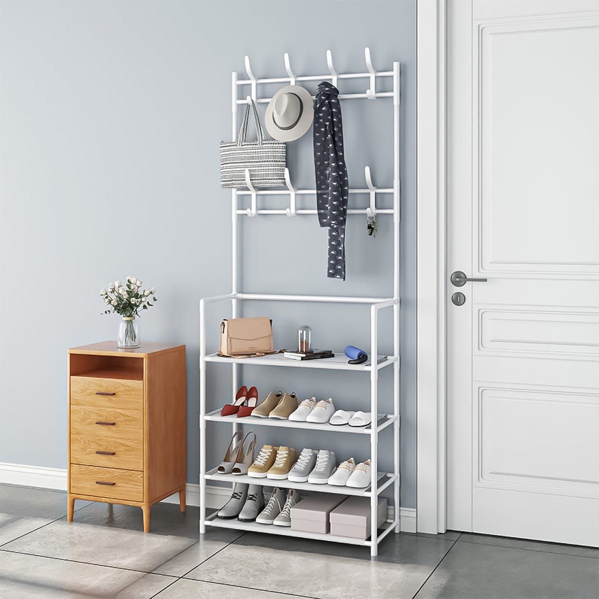 Cuier haine cu suport pantofi 3 in 1, 5 rafturi, alb 80 cm 2
