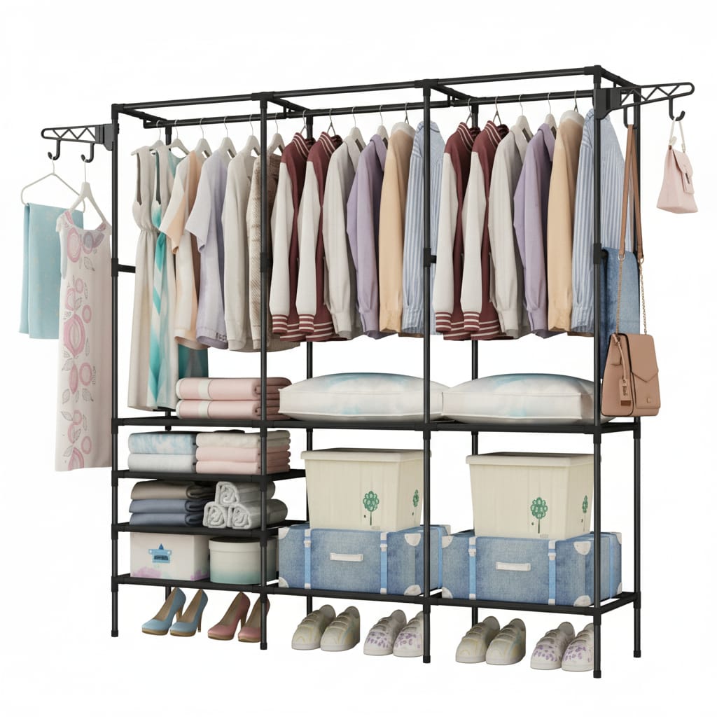 Cuier multifunctional 175 cm, 3 rafturi rezistente la apă, 8 cârlige, negru 1