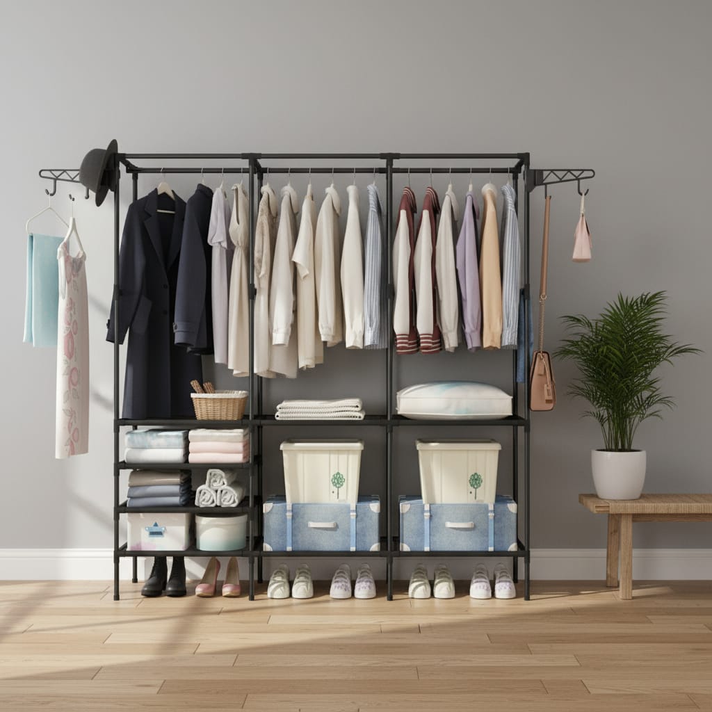 Cuier multifunctional 175 cm, 3 rafturi rezistente la apă, 8 cârlige, negru 4