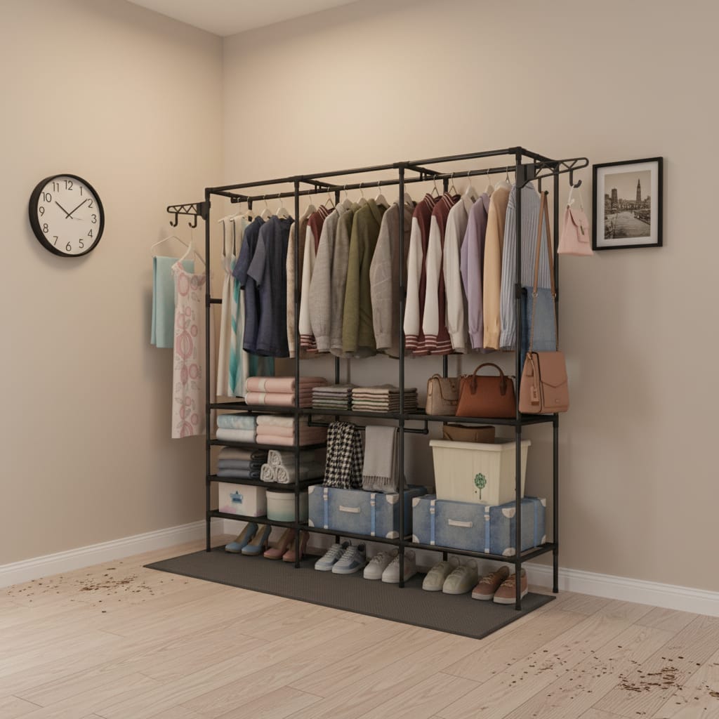 Cuier multifunctional 175 cm, 3 rafturi rezistente la apă, 8 cârlige, negru 5