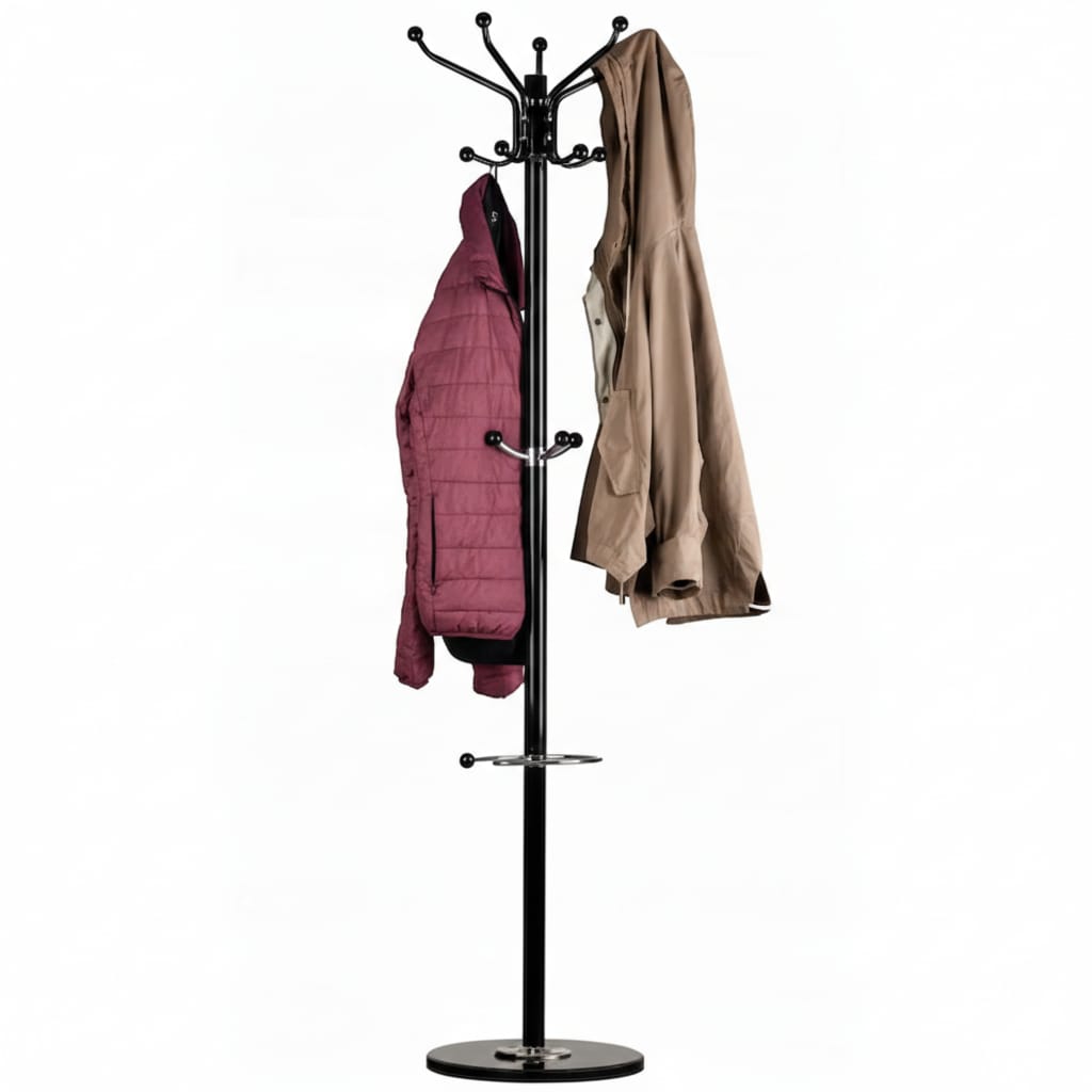 Cuier tip pom din metal cu baza de marmura, 14 agatatoare, 176cm, negru 2