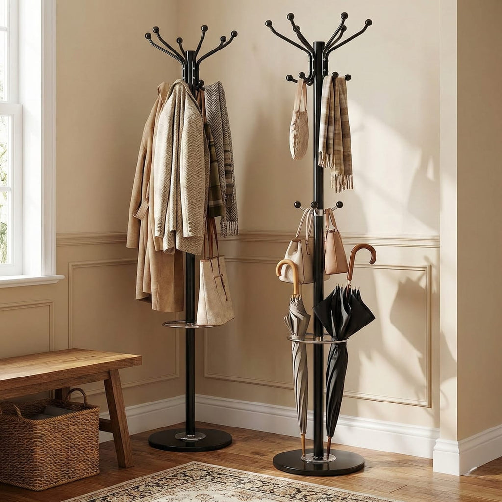 Cuier tip pom din metal cu baza de marmura, 14 agatatoare, 176cm, negru 3