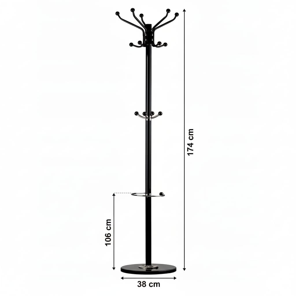 Cuier tip pom din metal cu baza de marmura, 14 agatatoare, 176cm, negru 4