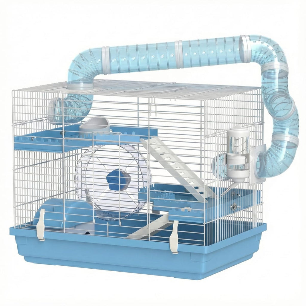 Cusca pentru hamsteri cu 3 niveluri, roata, biberon, casuta și tuneluri, 47.5×31.5×29.5 cm, albastru deschis 1