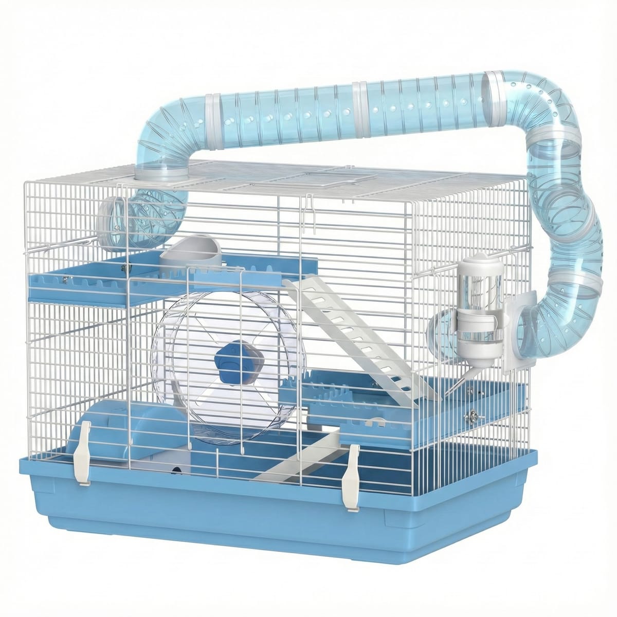 Cusca pentru hamsteri cu 3 niveluri, roata, biberon, casuta și tuneluri, 47.5×31.5×29.5 cm, albastru deschis 1