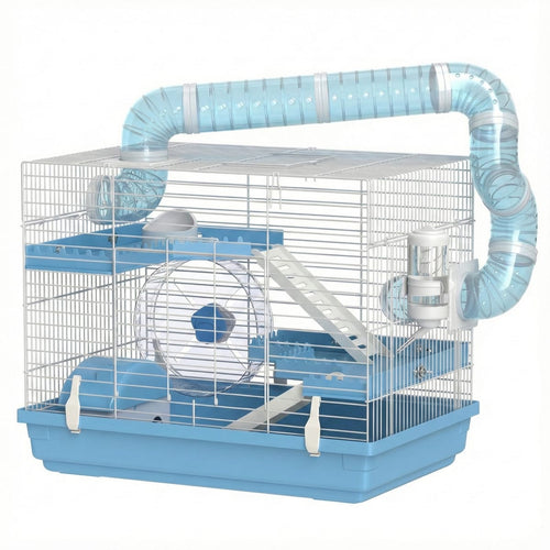 Cusca pentru hamsteri cu 3 niveluri, roata, biberon, casuta și tuneluri, 47.5×31.5×29.5 cm, albastru deschis 1